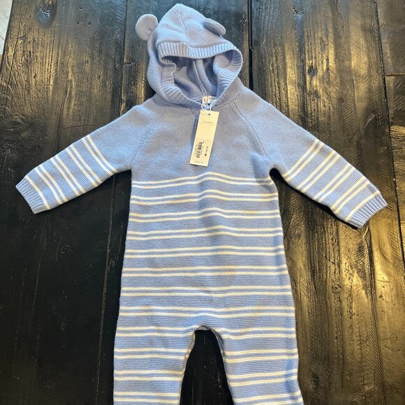 JANIE AND JACK BABY STRIPED BEAR EAR HOODED ONE-PIECE - Picture 3 of 4